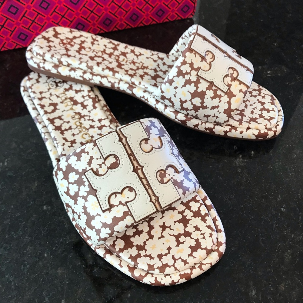 New Tory Burch Double T Sport Slide - Printed Tumbled Leather/Calf Nappa Leather